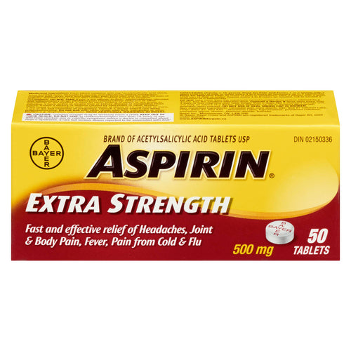 ASPIRIN - Extra Strength Acetylsalicylic Acid (500 mg - 50 Tablets)